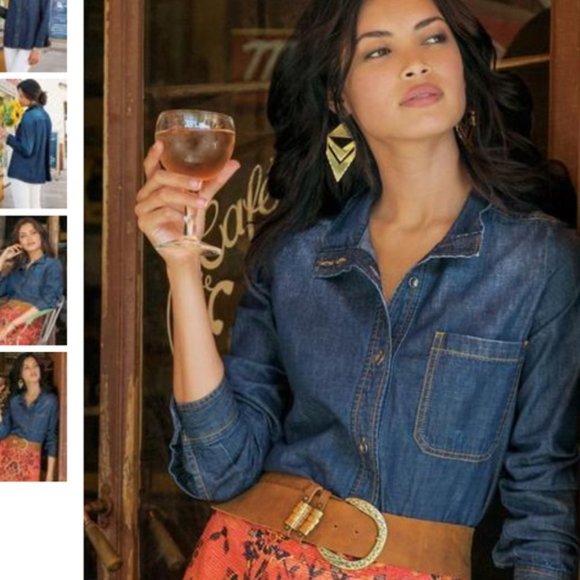 Soft Surroundings Peggy Distressed Blue Denim Blouse Size XS NWOT - Picture 1 of 12